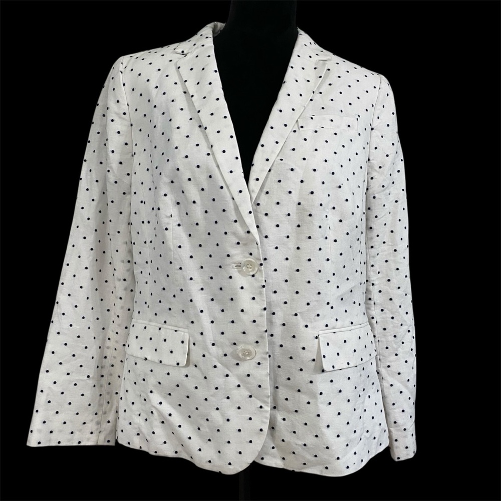 NWT Talbots Linen Polka Dot Blazer White Navy Classic Preppy Jacket